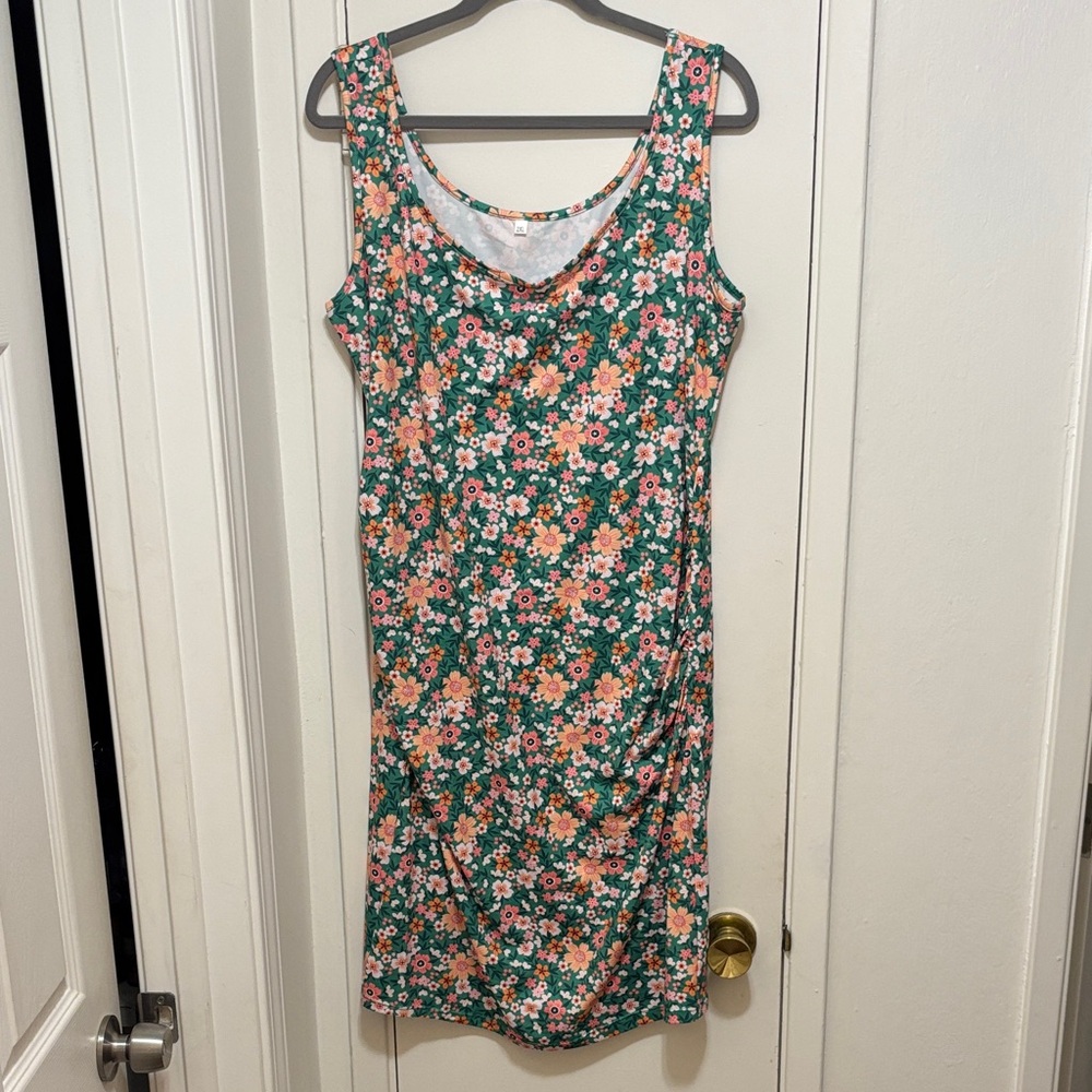 Floral Sleeveless Maternity Dress - Green and Pink
